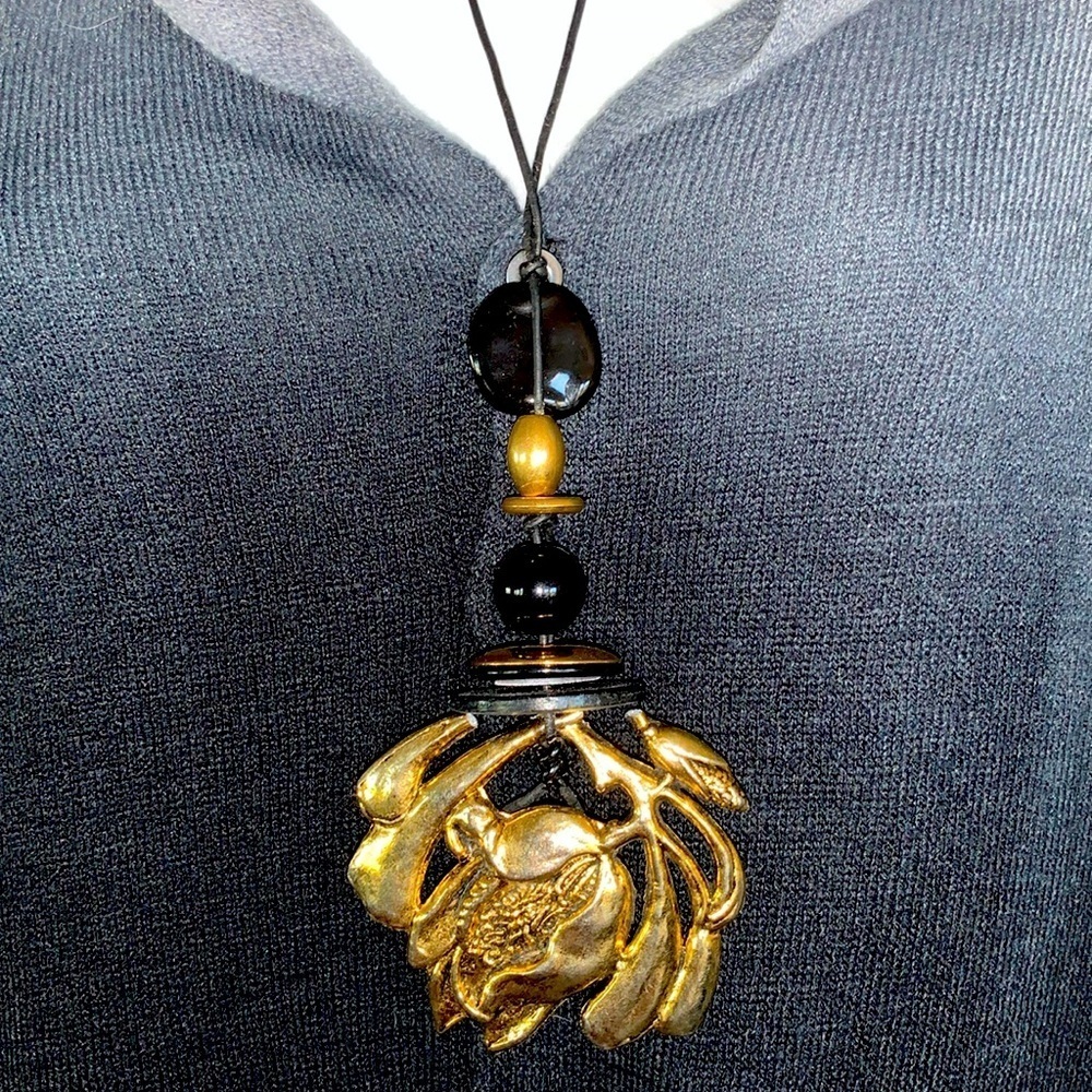 'Ragamuffin Couture' Brass Rose artisan Necklace, black leather cord, beads OOAK - Picture 3 of 13
